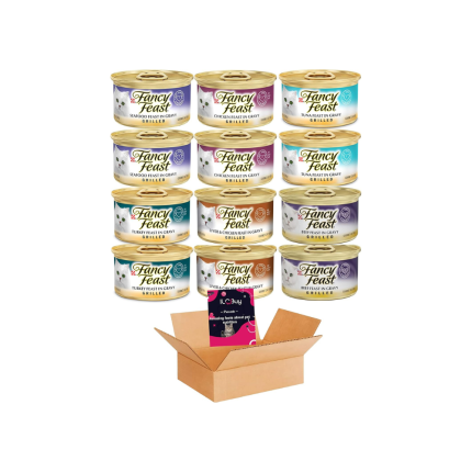 Fancy Feast Grilled Wet Canned Food cat Food Bundle, Variety Pack :02 Seafood,02 Chicken, 02 Tuna,02 Turkey,02 Liver&Chicken,02 Beef Grilled. Pack of 12 cans in Total. Plus Booklet.