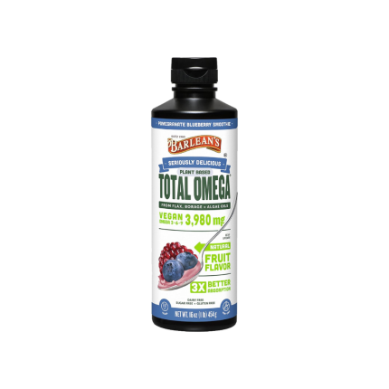 Barlean's Liquid Flaxseed, Borage & Algae Oils Omega 3 Supplement, Pomegranate Blueberry Flavor, Vegan EPA & DHA from Algal Oil, Flax Oil and Borage Seed Oil with 3,980 mg of Omega-3-6-9, 16 oz