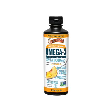 Barlean's Mango Peach Omega 3 Fish Oil Liquid Supplement with Vitamin D, 1080mg EPA & DHA Fatty Acid, Smoothie Flavored & Burpless for Brain, Joint, & Heart Health, 16 oz